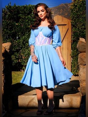 Marie-Thérese Peasant Dress in Chambray Poly Crepe